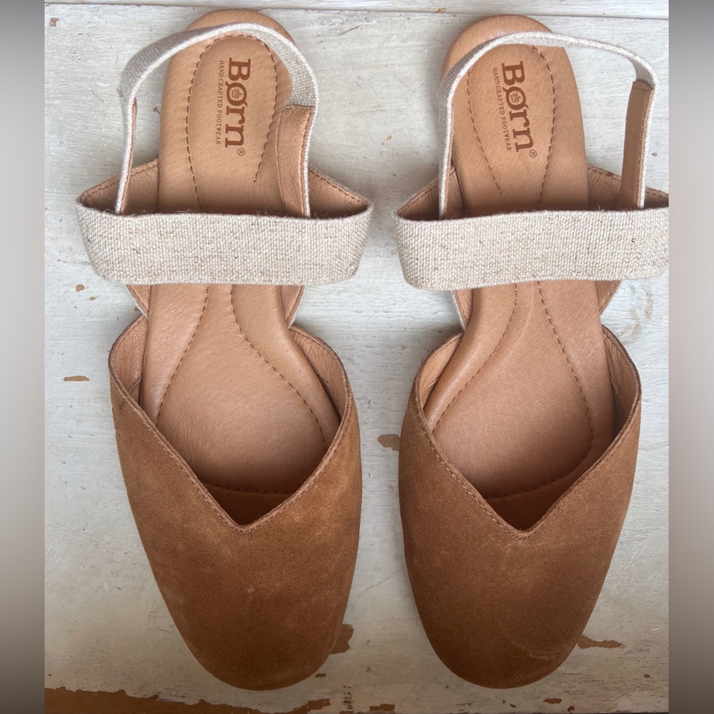 BORN® Coco Slingback Comfort Flat Cognac Brown Suede with Beige Straps Size 9M - Picture 3 of 11